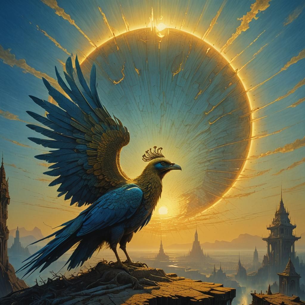 Giant Bird Resting on Sun in Beksiński Style