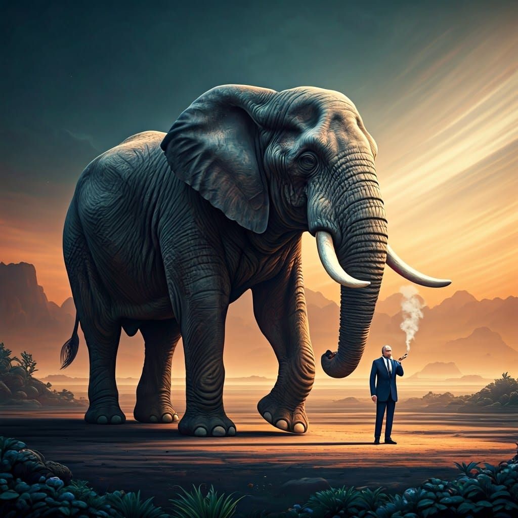 Elephant and President in Vibrant Dreamlike Landscape