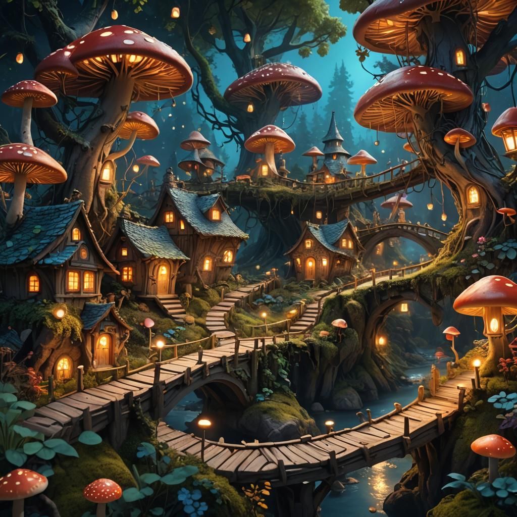 Miniature Village in Mystical Forest: Fantasy Concept Art