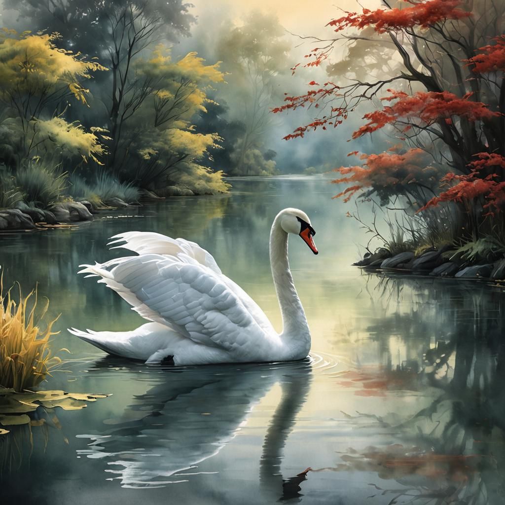 Swan Emerges from Watercolor Mist