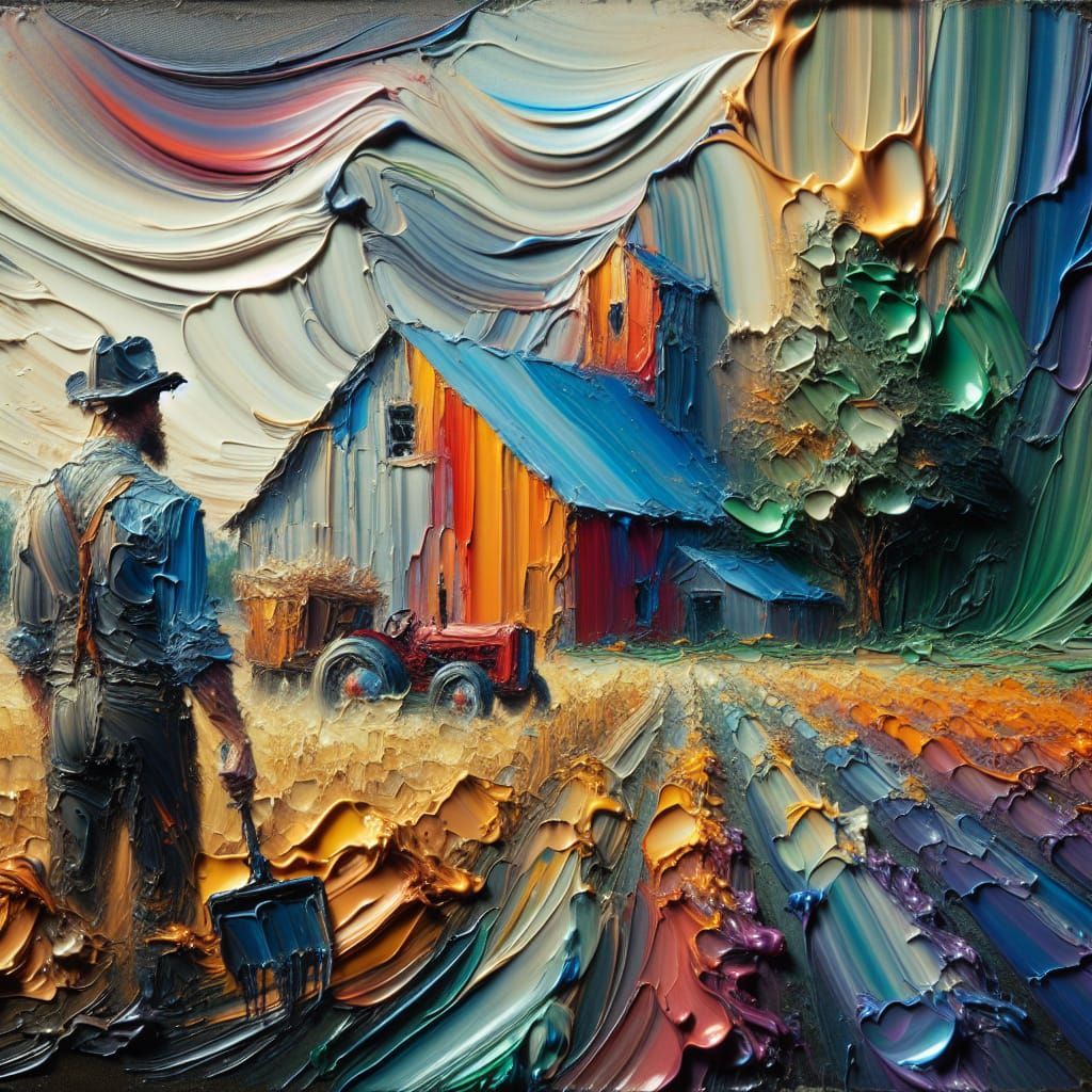 Farmer and Haunted Barns in Encaustic Impasto Style
