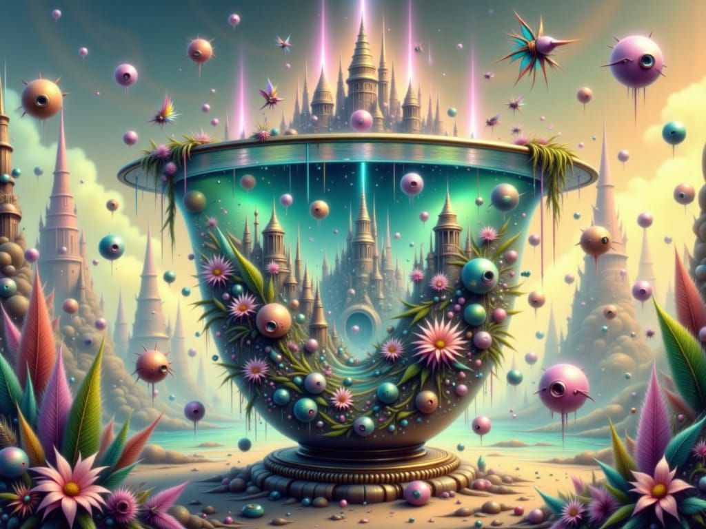 Glass of water with sunken city Atlantis inside, surrounded by mermaids and sea creatures, in 4k high resolution, 3D anime art style, inspir...