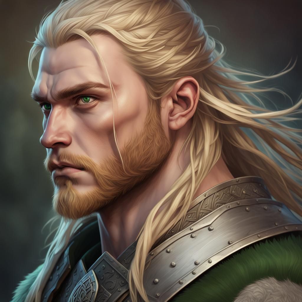 male viking Warrior with long blond hair, green eyes bearpelt armor ...