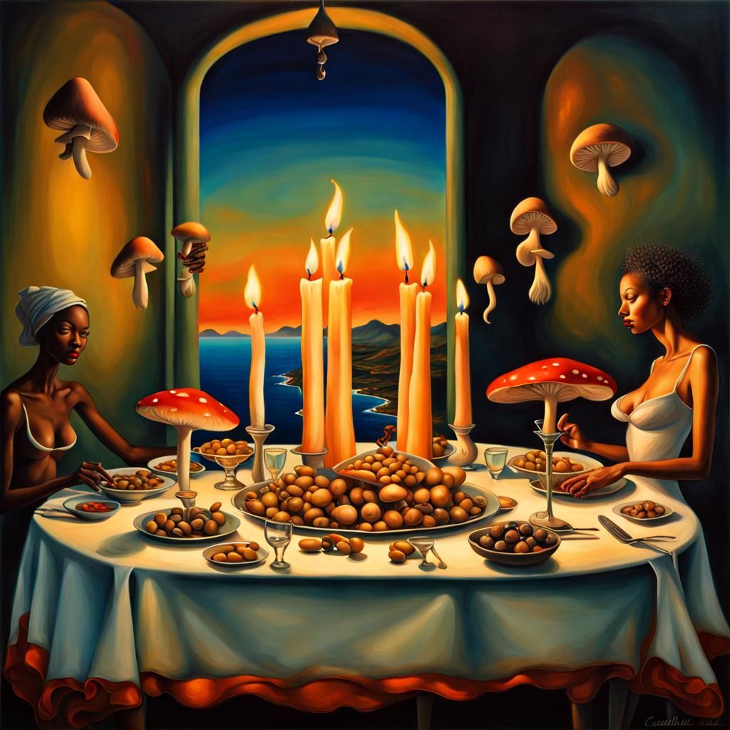 "beutiful mushrooms, eating dinner, on a big room, lightened...