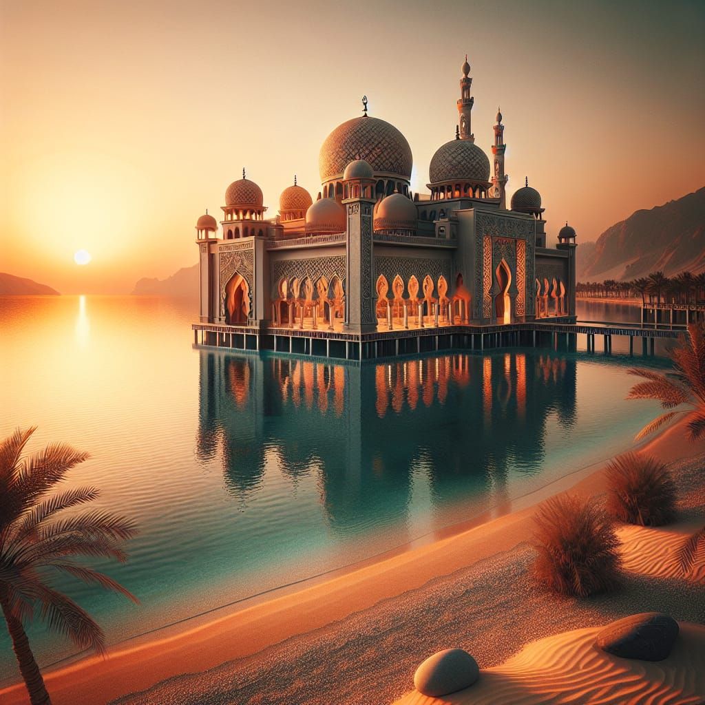 Arabic architekture, ocean, palms