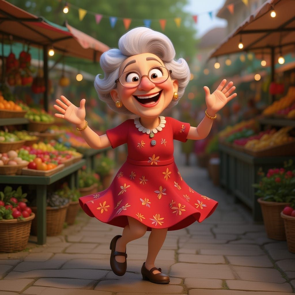 My grandma dancing Pixar, Disney, concept art, 3d digital art, Maya 3D, ZBrush Central 3D shading, bright colored background, radial gradien...