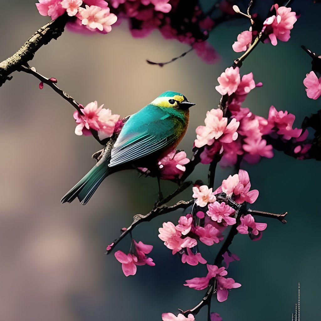 Bird sitting on a cherry blossom tree  by @Dragon Queen