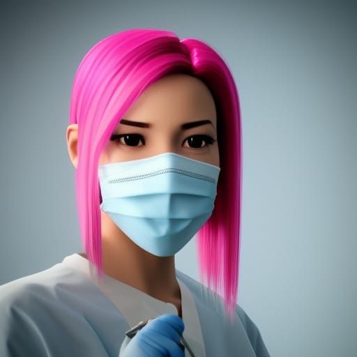 Female dentist with Pink hair wearing gloves and a surgical ...