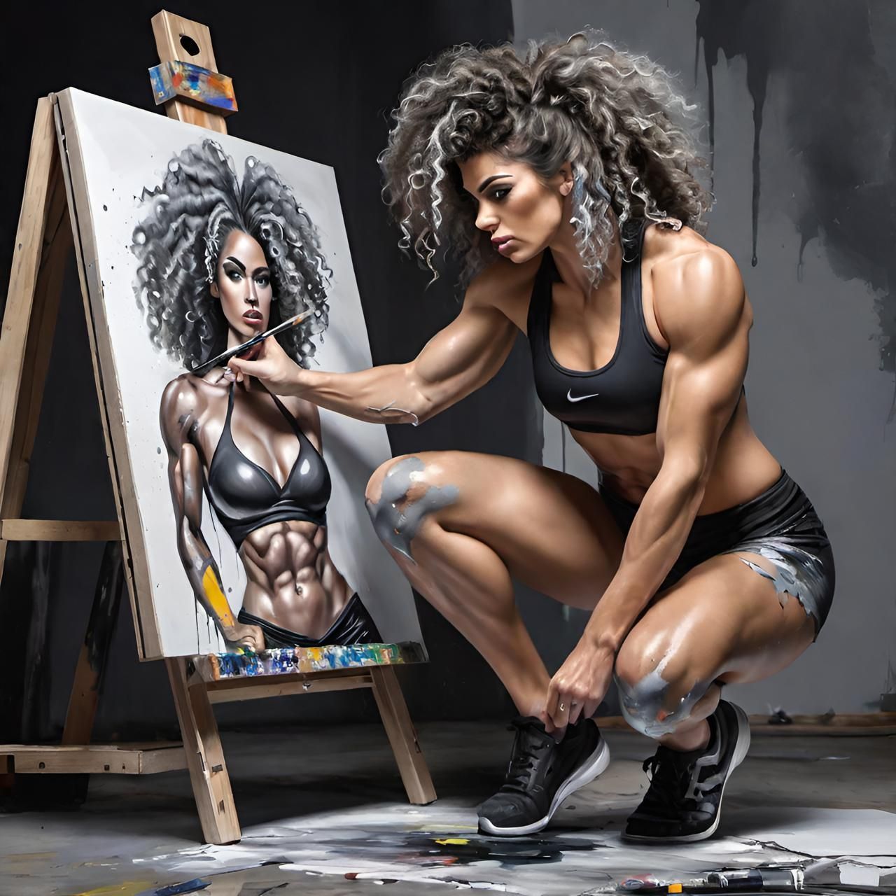 A muscular fitness woman is painting her own portrait