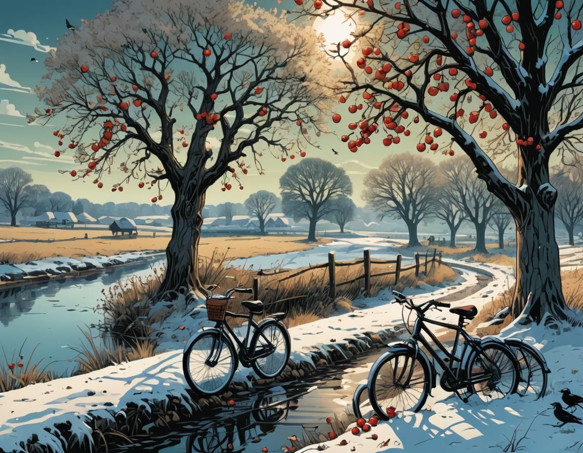 a bicycle leaning on the side of a an apple and cherry tree ...
