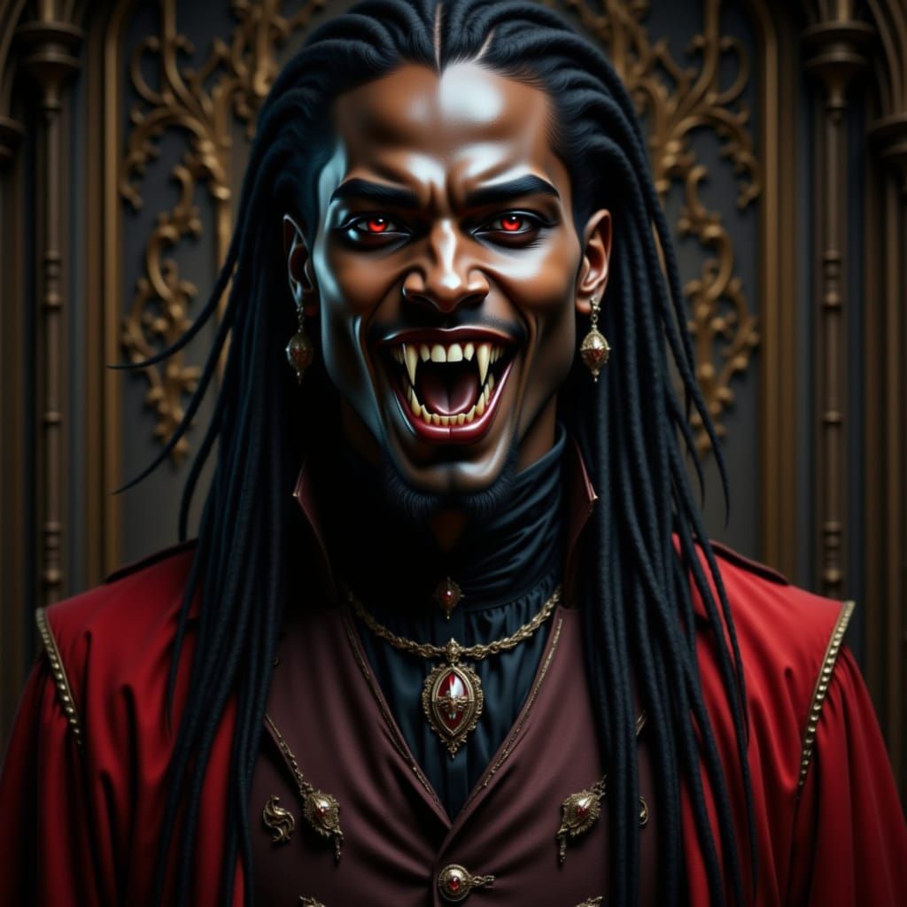 A handsome black man with dreadlocks is a vampire man with fangs. He wears a medieval outfit. Vampire in the style of fangs.  <lora:Elitest ...
