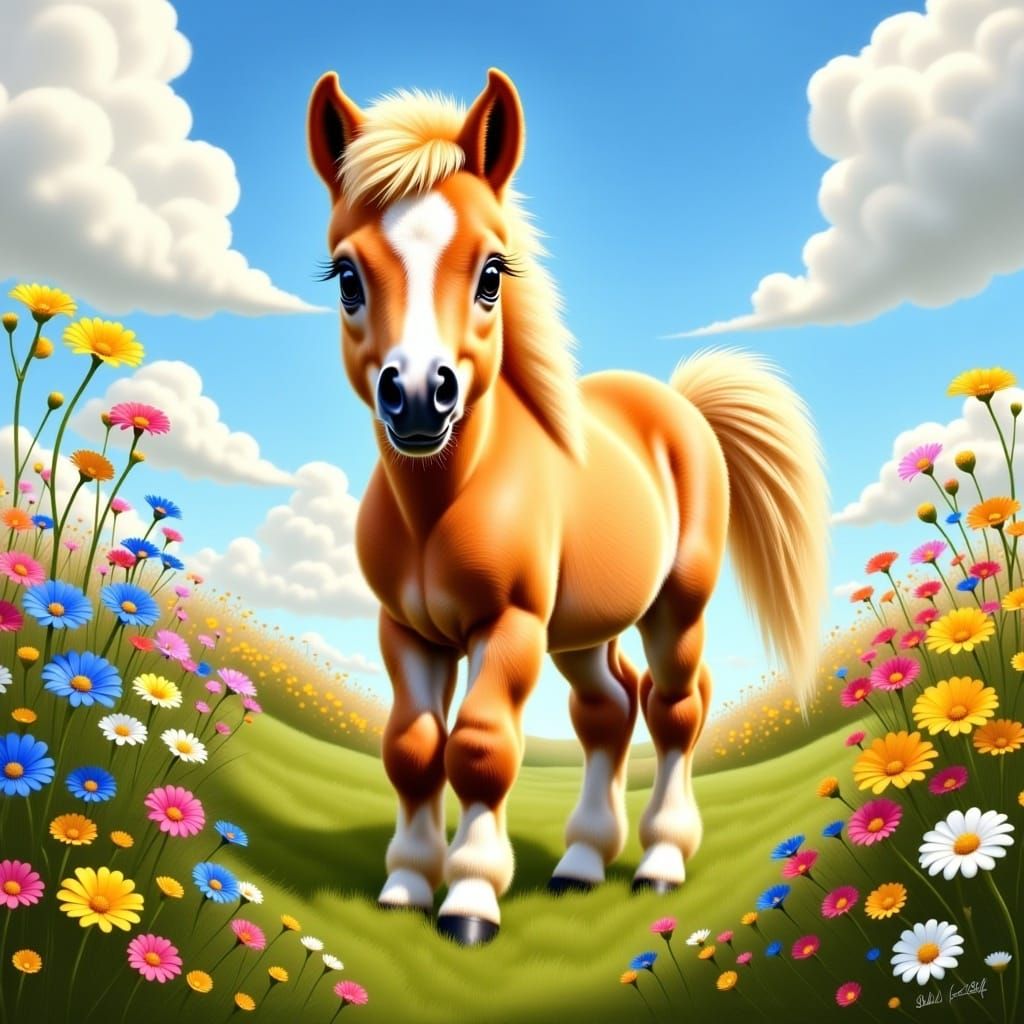 Close_Up Portrait Painting  of the Cutest Baby Palomino Pony Foal with a Luxuriant Mane and Tail in a grassy clearing with colorful wildflow...