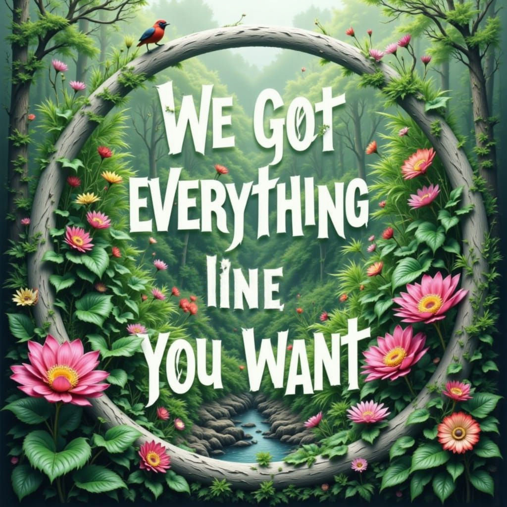 <lora:Feeling Exposed:1.0> <lora:Words:1.0> <lora:The DeXp of Red:1.0> <lora:The Letters of Red:1.0> A circular frame encasing a lush jungle...