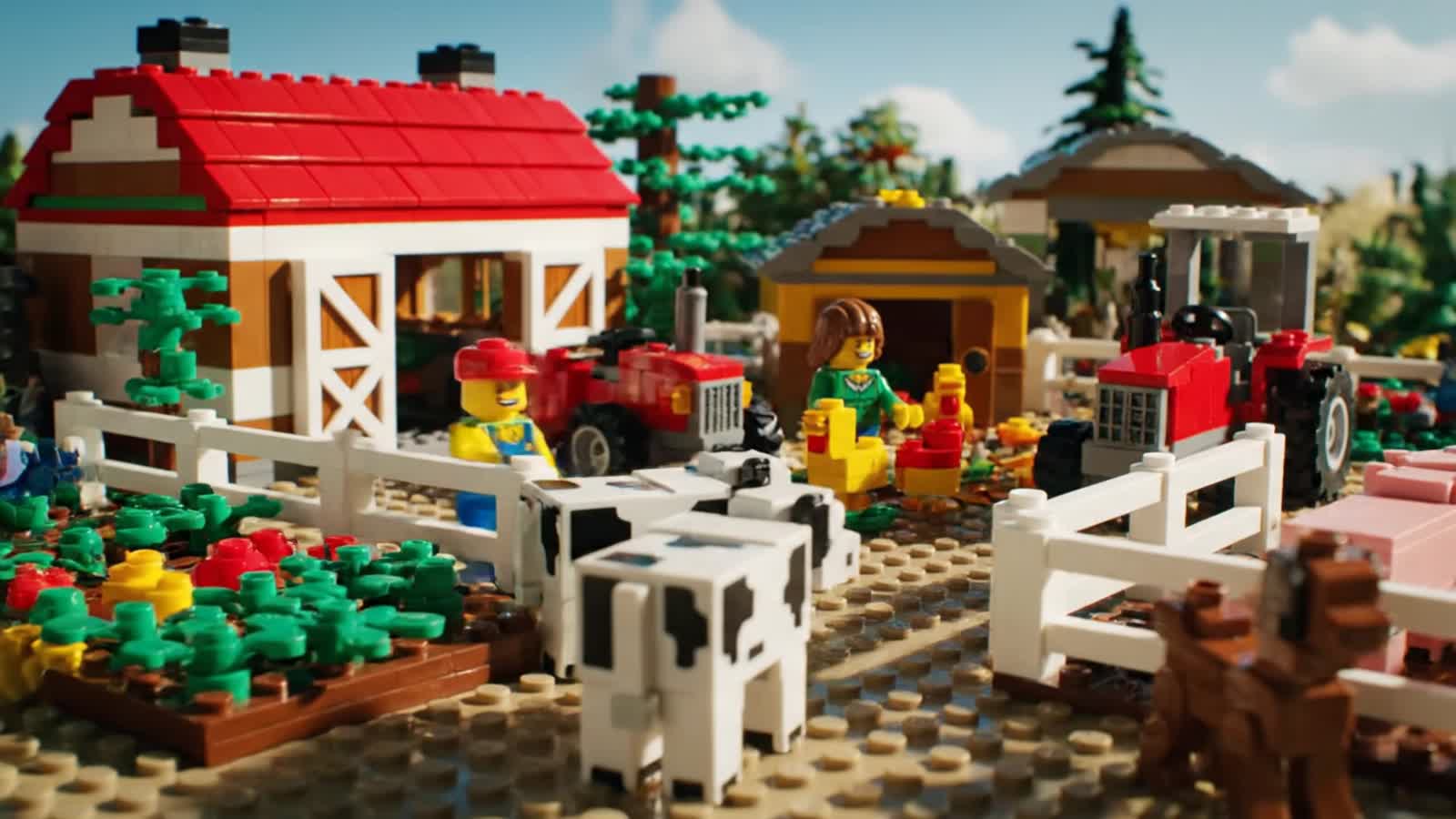 A whimsical stop-motion animation set in a bright LEGO farmyard. Colorful brick-built barns, fences, tractors, and tiny ...
