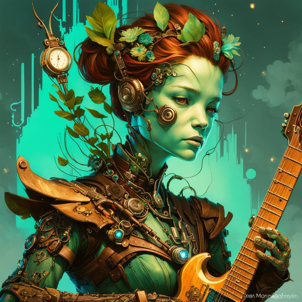 Steampunk Robotic Groot Guitarist in Bioluminescent Cityscap...