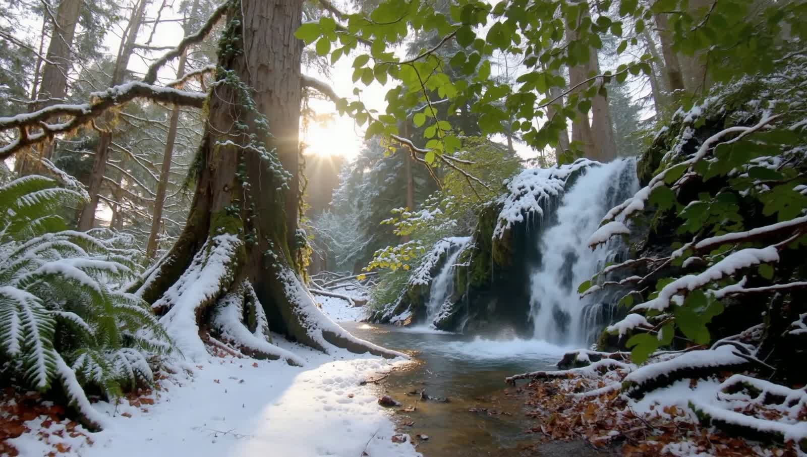 Magical forest in winter covered with snow secluded shaded overgrown with foliage dappled light surrounding a hidden wat...