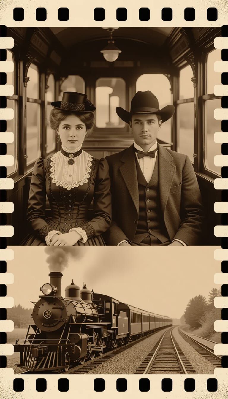 A three-frame sepia-toned film strip, with sprocket hole edges, from the 19th century captures a young ...  by @JustD