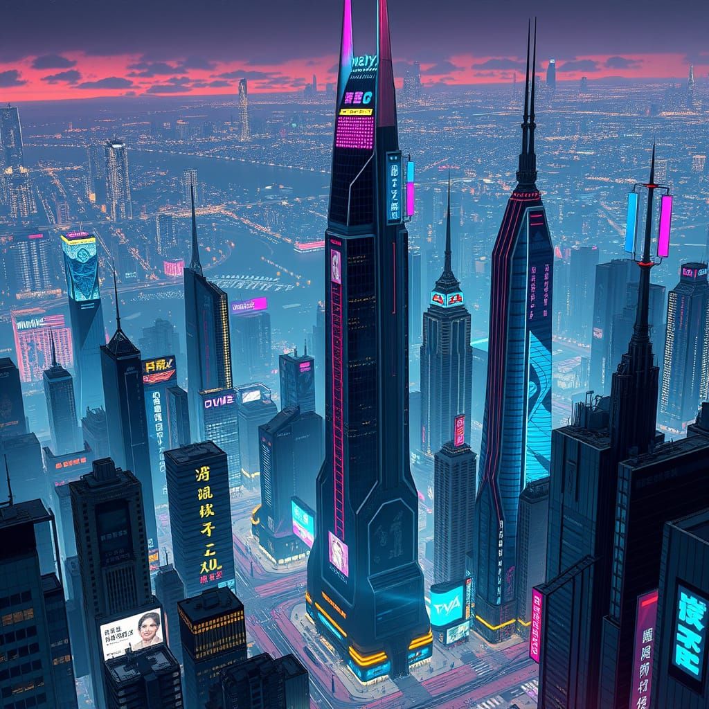 Cyberpunk Cityscape by Night: Futuristic Skyscrapers and Neo...