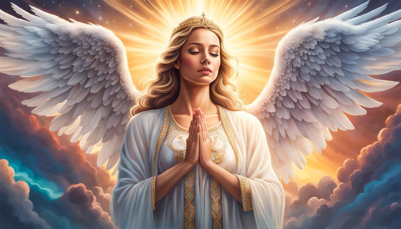 Hero portrait of a gorgeous female Angel of light praying, beautiful ...