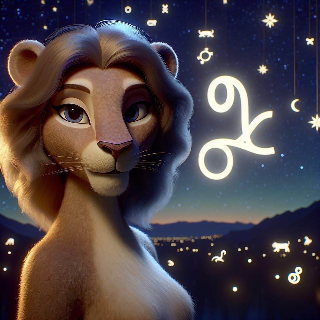 Disney Pixar style 3D beautiful lion woman, Leo, ♌️, in a da...