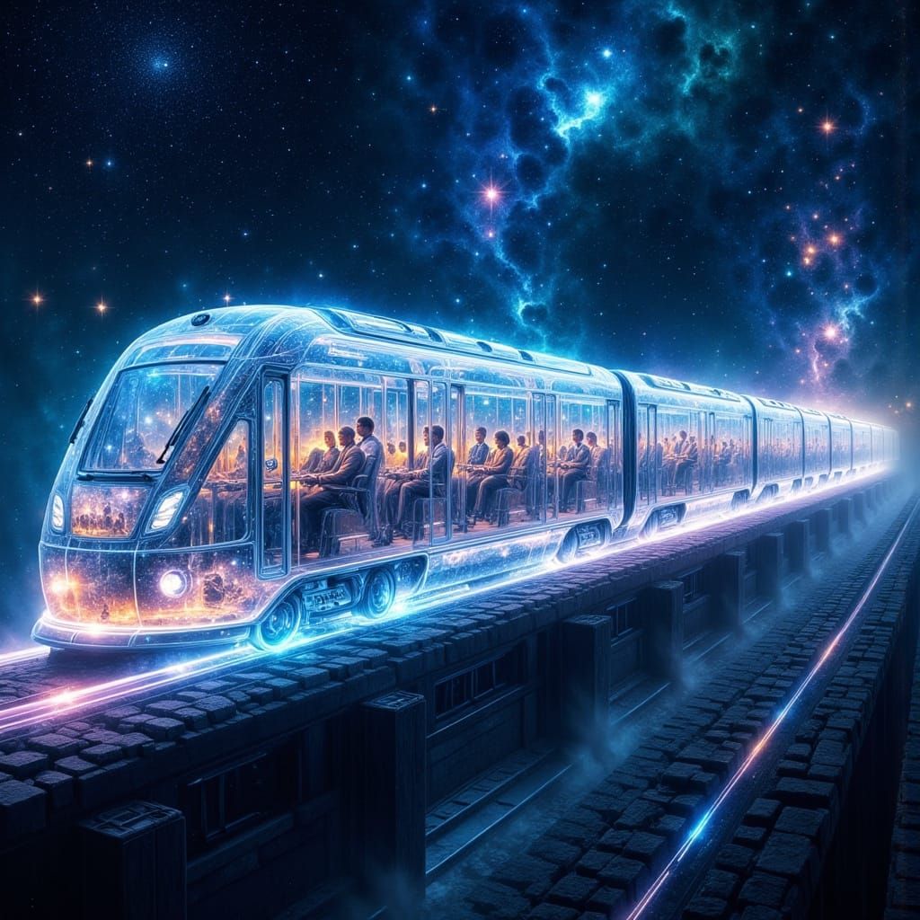 <lora:Abstract Reality:1.0> A breathtaking transparent express train speeding through cosmic space, its crystal-clear carriages shimmering w...