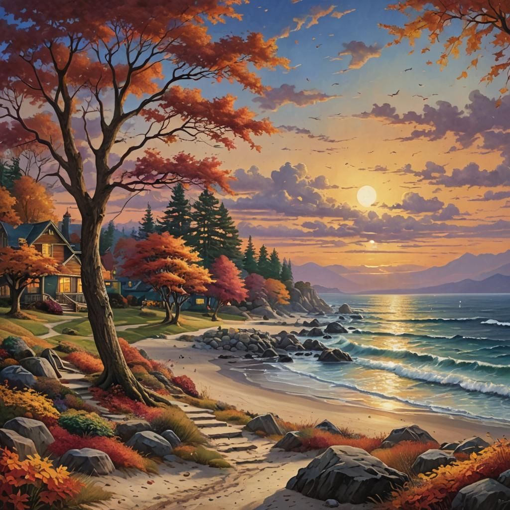 a fall autumn sunset at a beach landscape   by @aurora-nova1