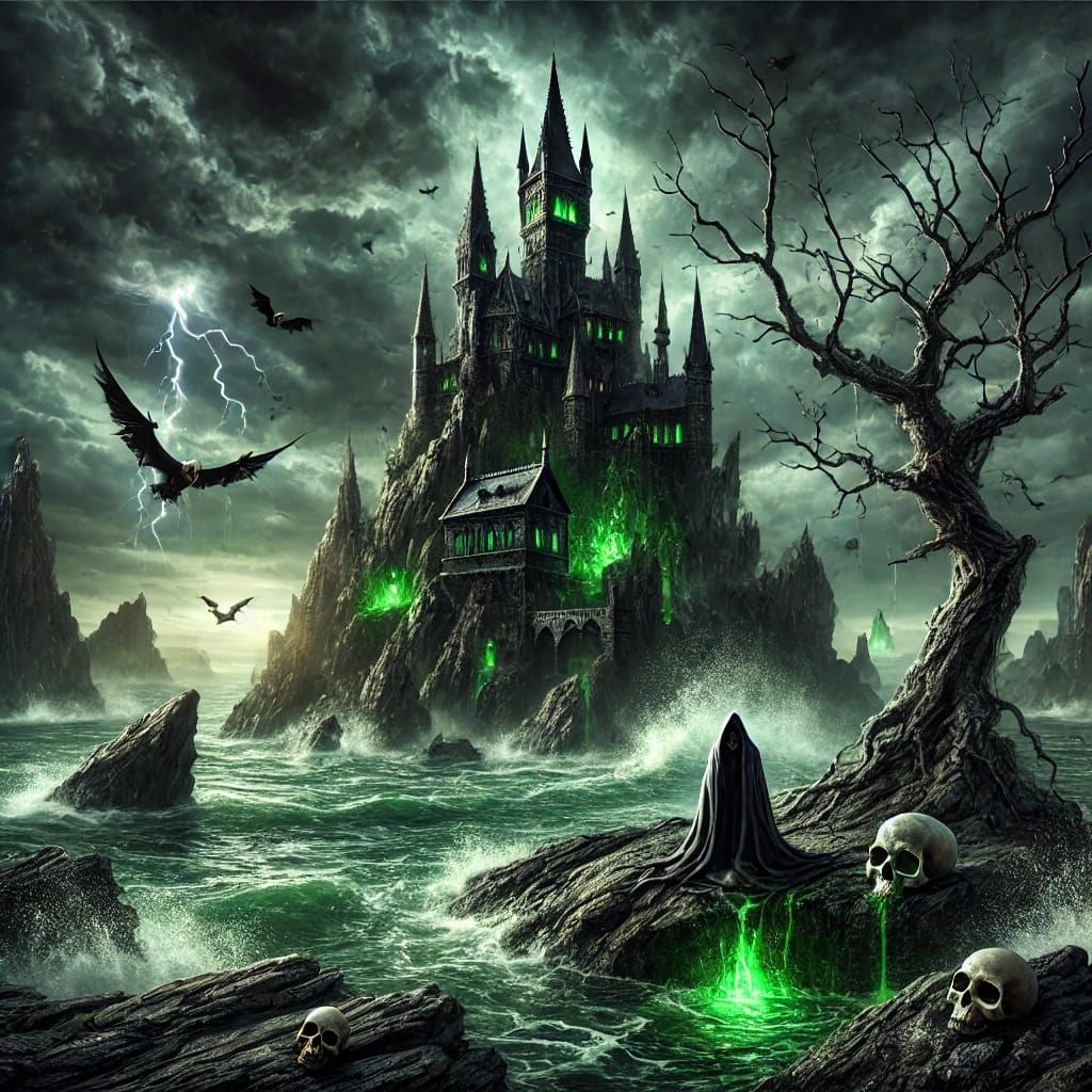 The witch's manor perched atop a jagged rocky outcrop, exuding a gothic and necromantic magical ambiance. The dark, towe...