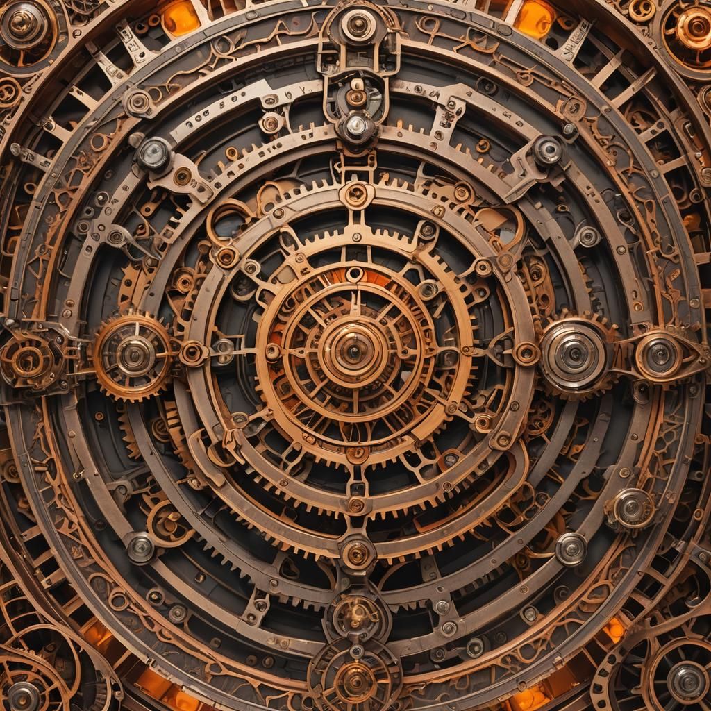A highly detailed steampunk mandala featuring interlocking metallic gears, cogs, and clockwork components. The design is infused with indust...