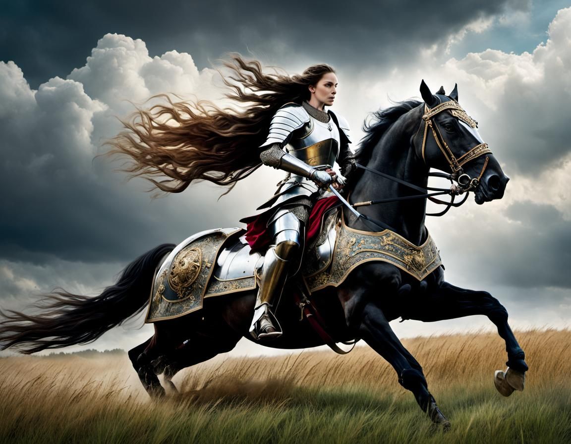 A female knight in full medieval armor mounted on a powerful...