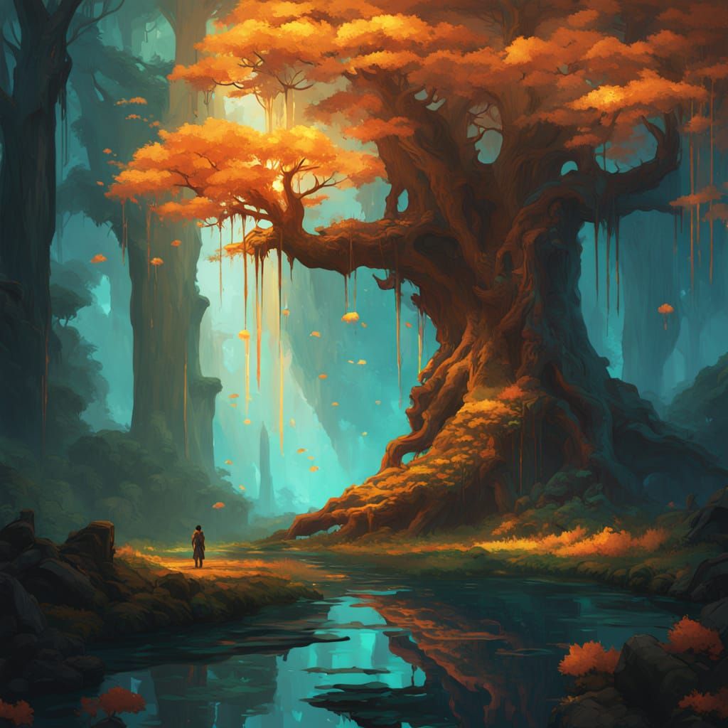 A colossal, ancient tree at the heart of an enchanted forest, its roots intertwined with forgotten ruins. ...  by @Pix