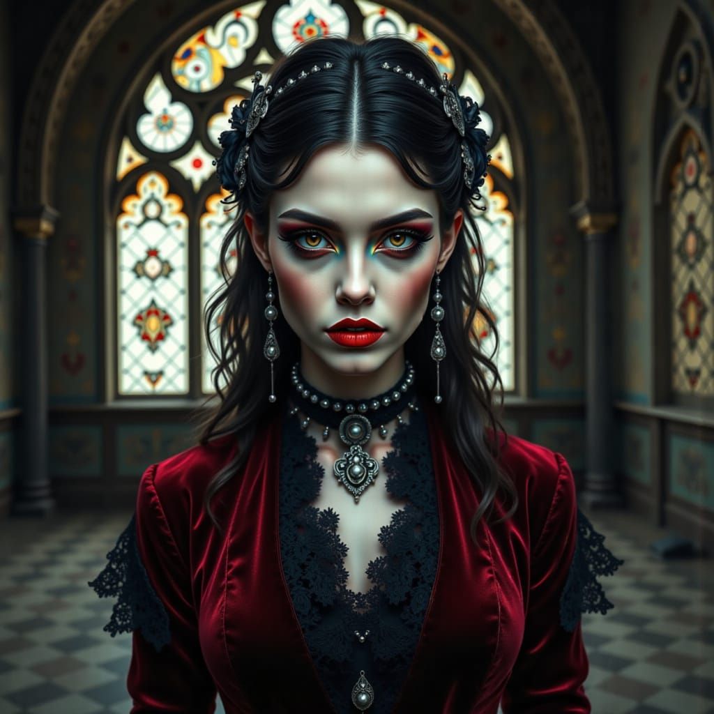<lora:Goth-punk:1.0> A photograph depicting a captivating gothic femme fatale, illuminated by the warm, diffused light filtering through age...