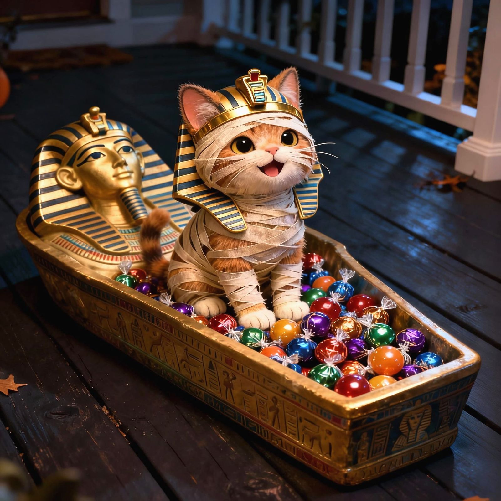 mummy cat sitting in candy sarcophagus  by @David Myers
