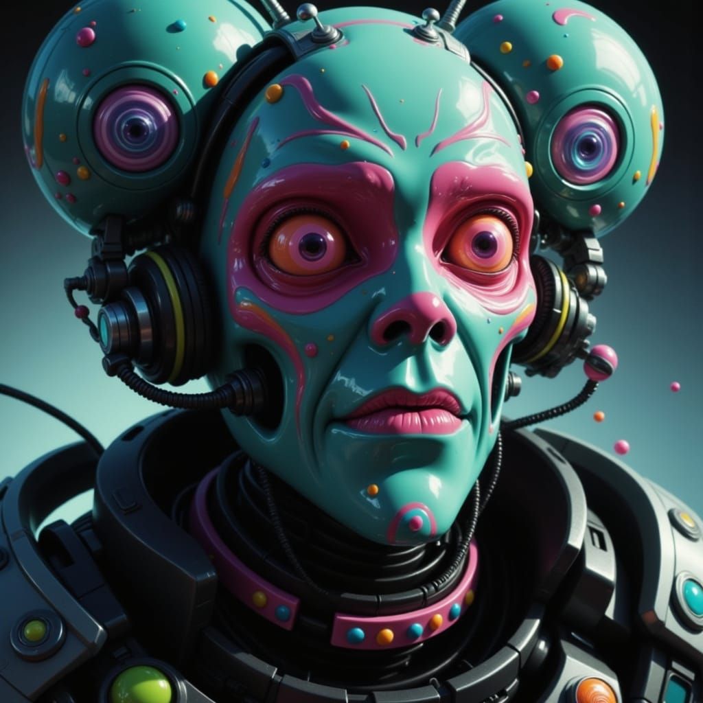 <lora:Bonbon Panic Flux:1.0>
Scene from a scifi movie called "I have no mouth, and I must scream". Candy art style! Whimsical playful colorf...