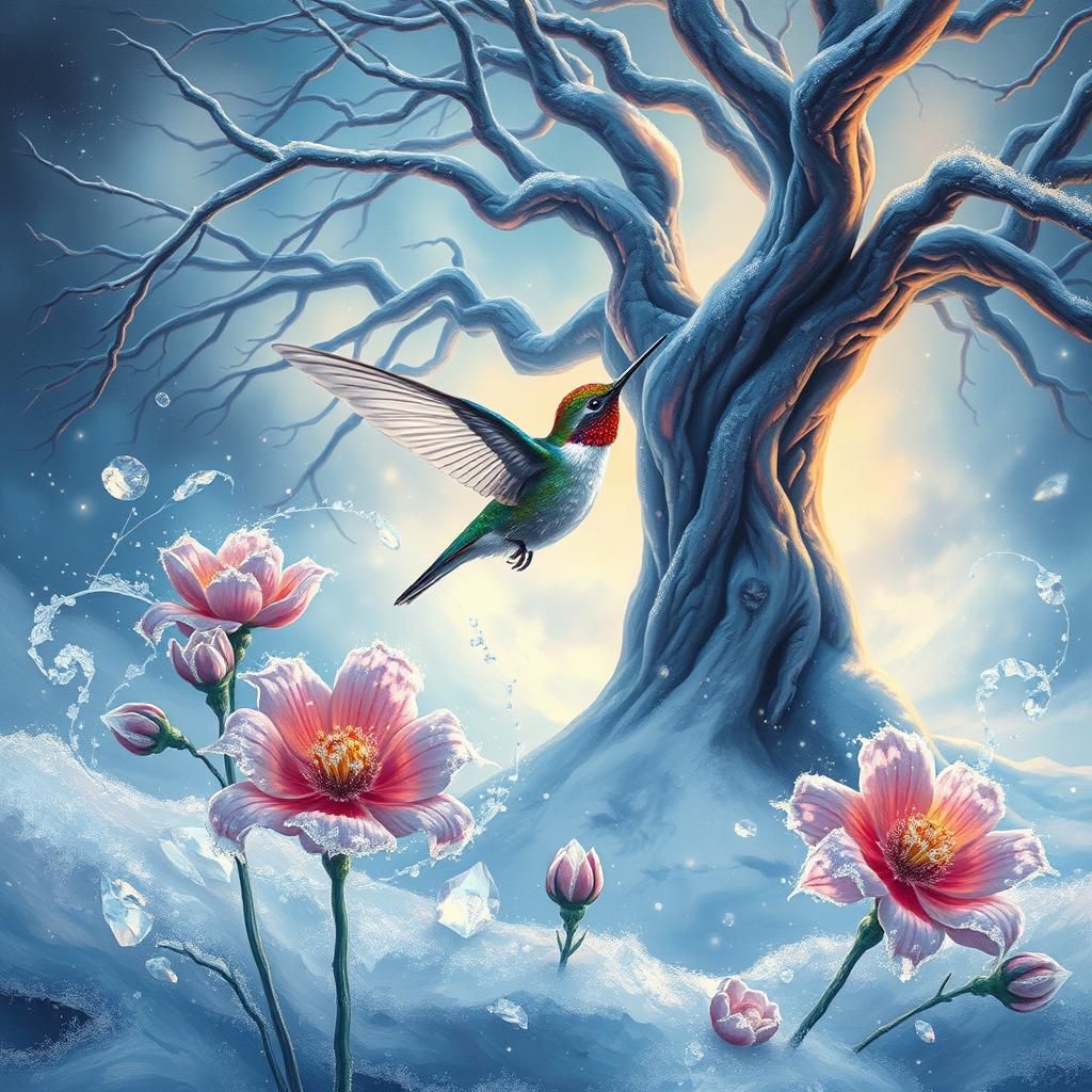 A hummingbird hovers in front of a cluster of (ice flowers, their petals crystallized and sparkling:1.9), while a cold mist rises from the g...