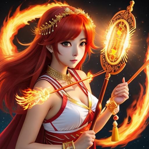 Goddess, holding a flaming lyre, anime style