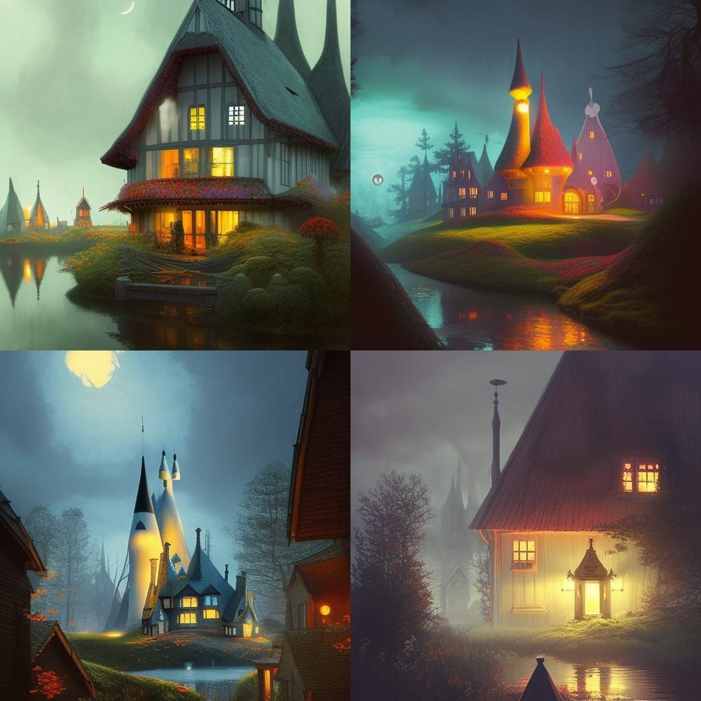 Moomin house, cottagecore, scenic, hyperdetailed, rgb, color...