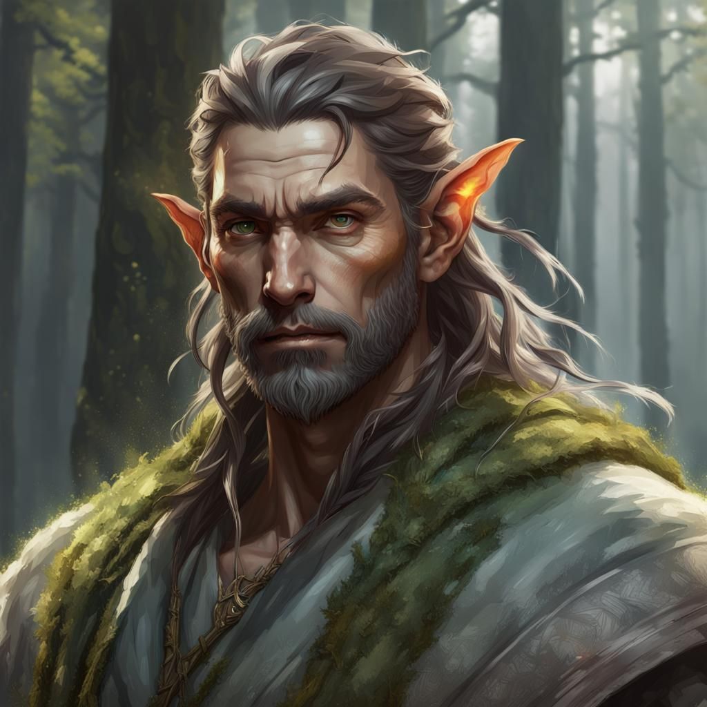 Young half elf, druid, brown mossy hair, beard with grey skin color ...