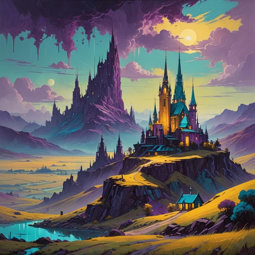 Purple Landscape Oil Painting in Dreamlike Style