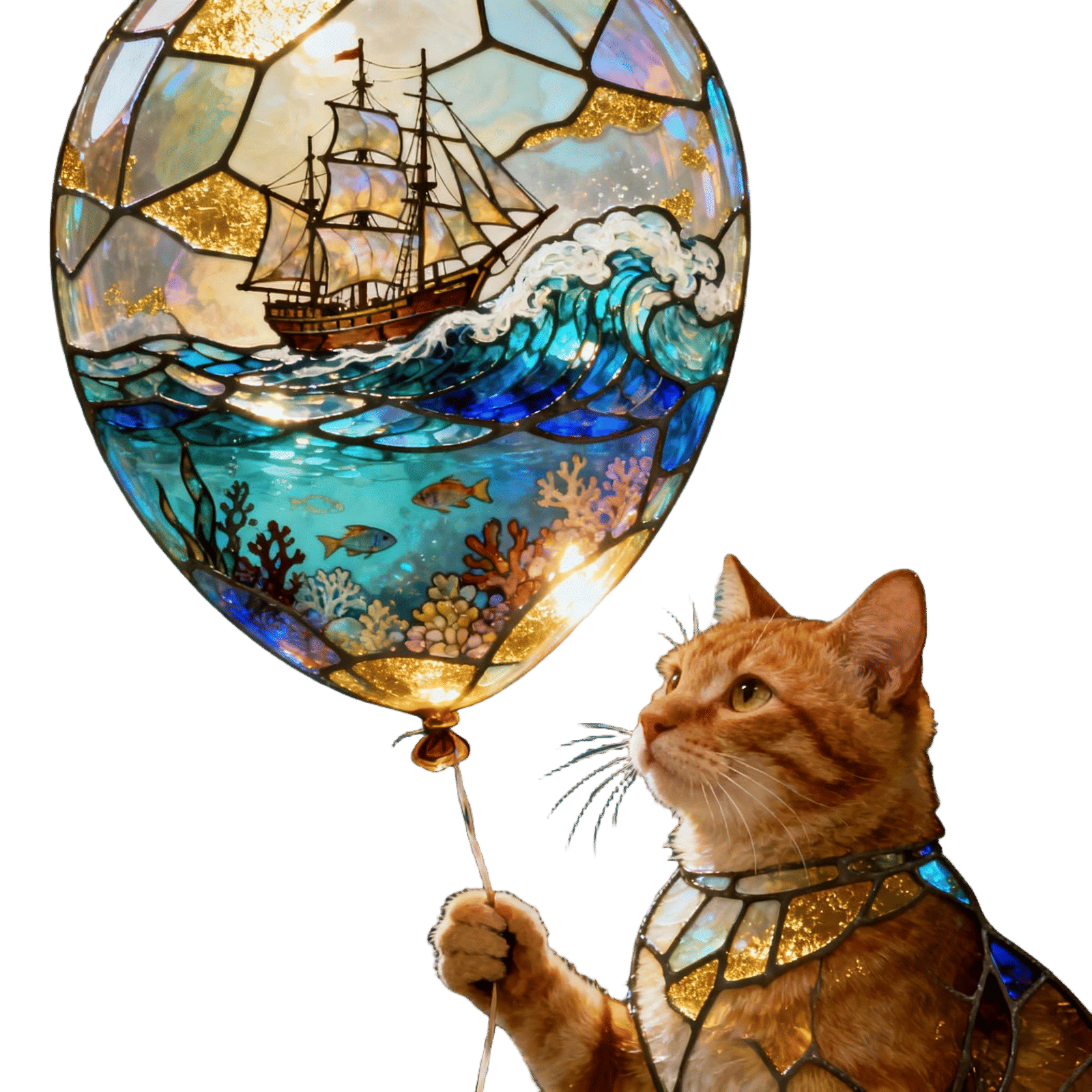 Ginger Cat with Balloon in Stained Glass Style