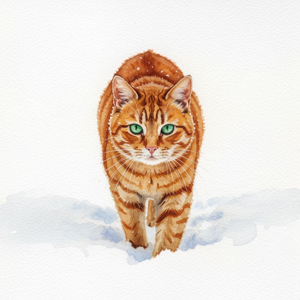 Ginger Cat in Snow Watercolor Painting