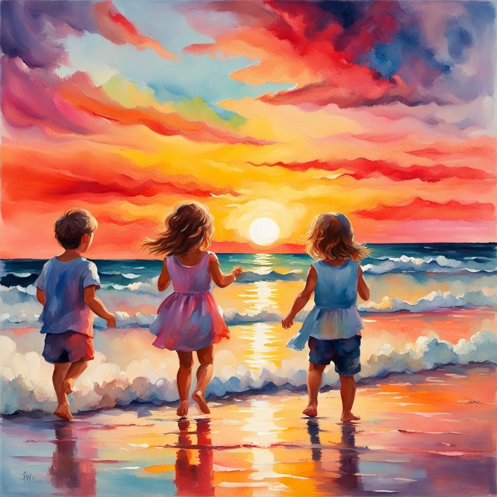 children playing on the beach with a colorful sunset in back...