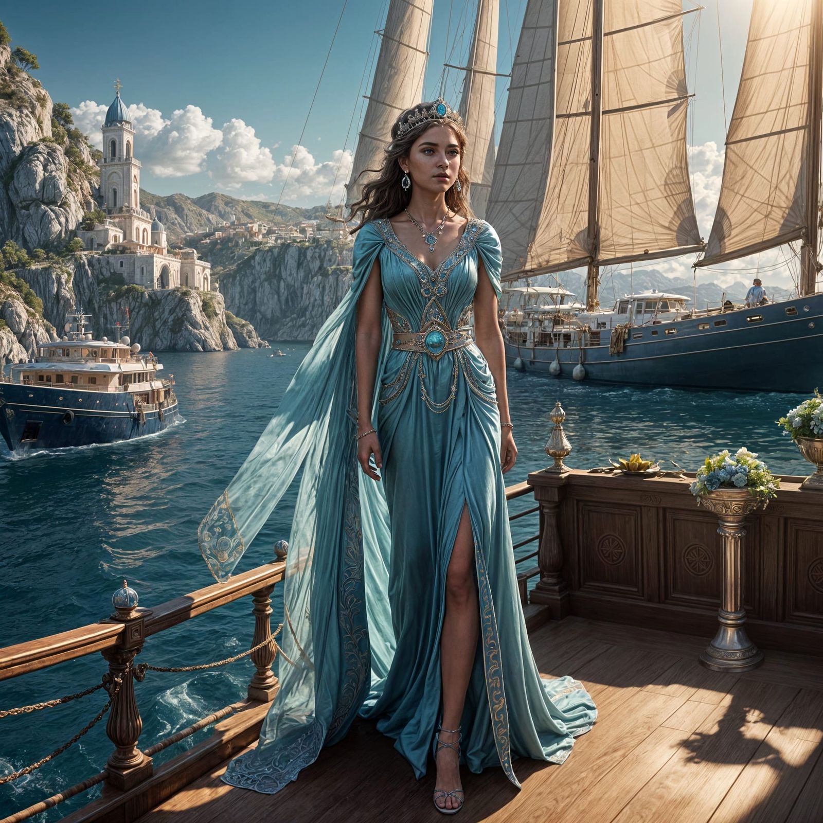 Greek Princess aboard her yacht, blue dress, aquamarine jewelry  by @Valmont