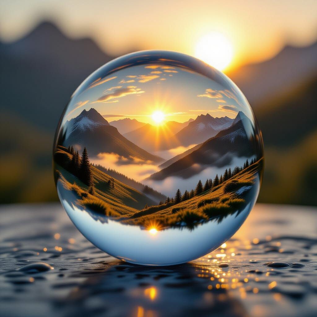 Glass Marble Captures Sunrise Over Miniature Valley