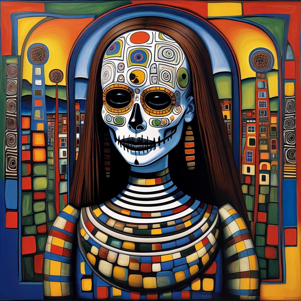 Girl with Death Mask (She Plays Alone) in the style of Fried...