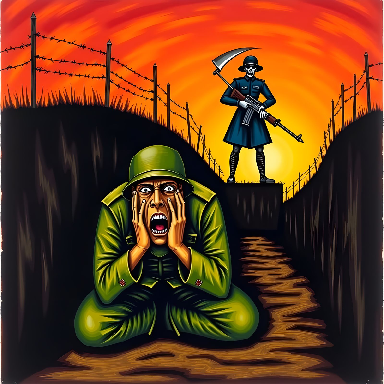 <lora:German Expressionism:1.0> A gaunt, terrified World War One German soldier cowers in a trench, hands clasped to his face, mouth agape i...