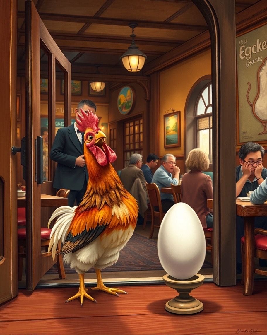 A Chicken and an egg walk into a restaurant, the host asks “...