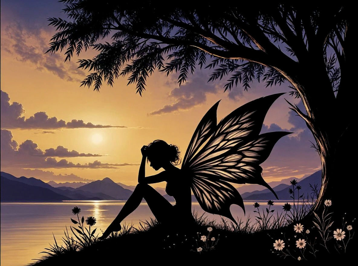 Ethereal Fairy Silhouette at Sunset Beside a Tree