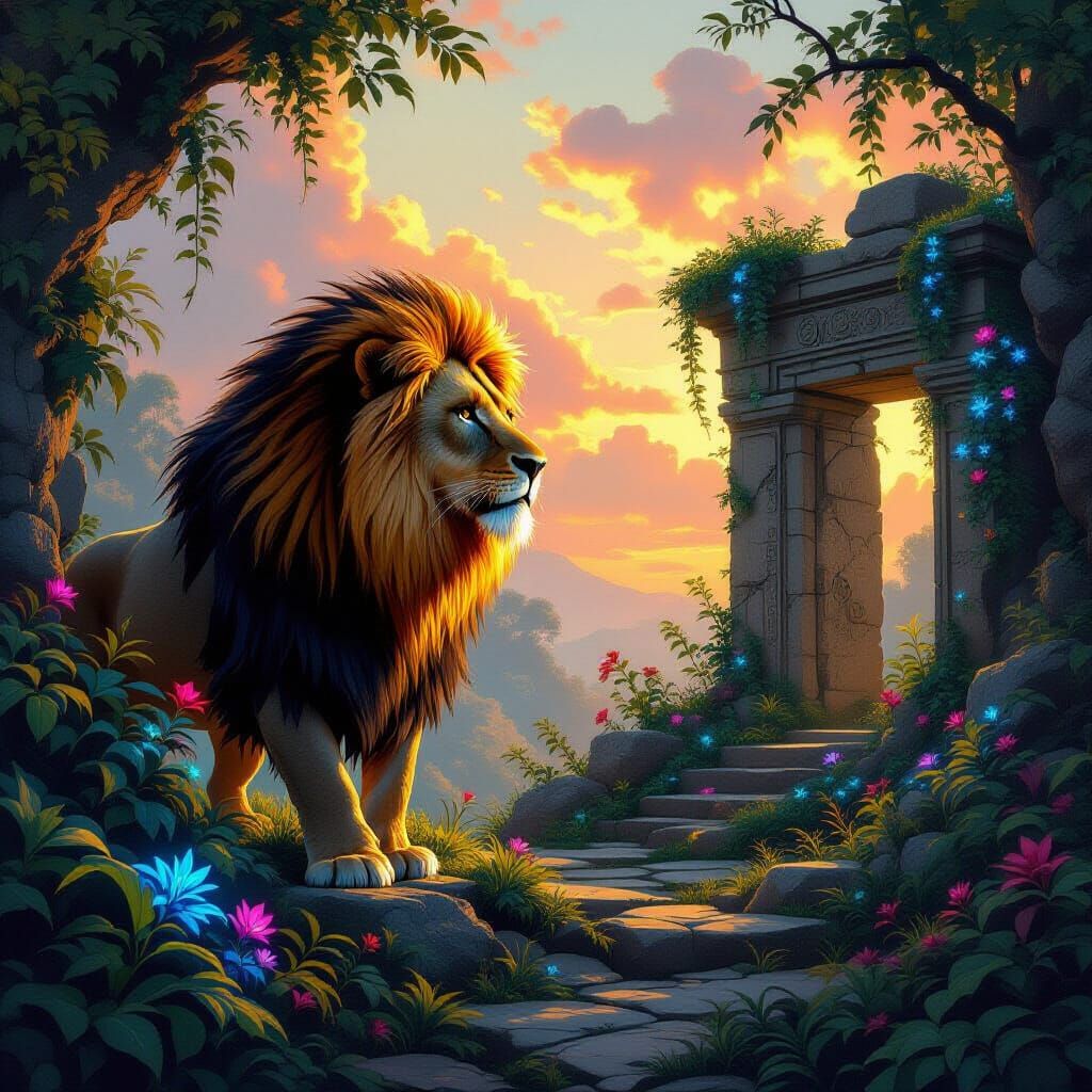 Majestic Lion Guarding Ancient Ruins in Ethereal Light