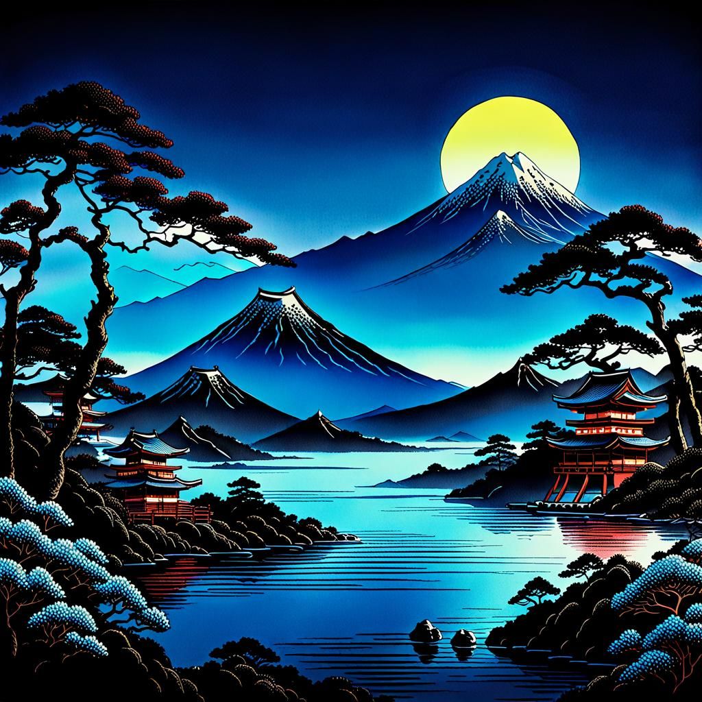 Ukiyo-e Japanese Lanscape in style of Katsushika Hokusai   by @Alyarie