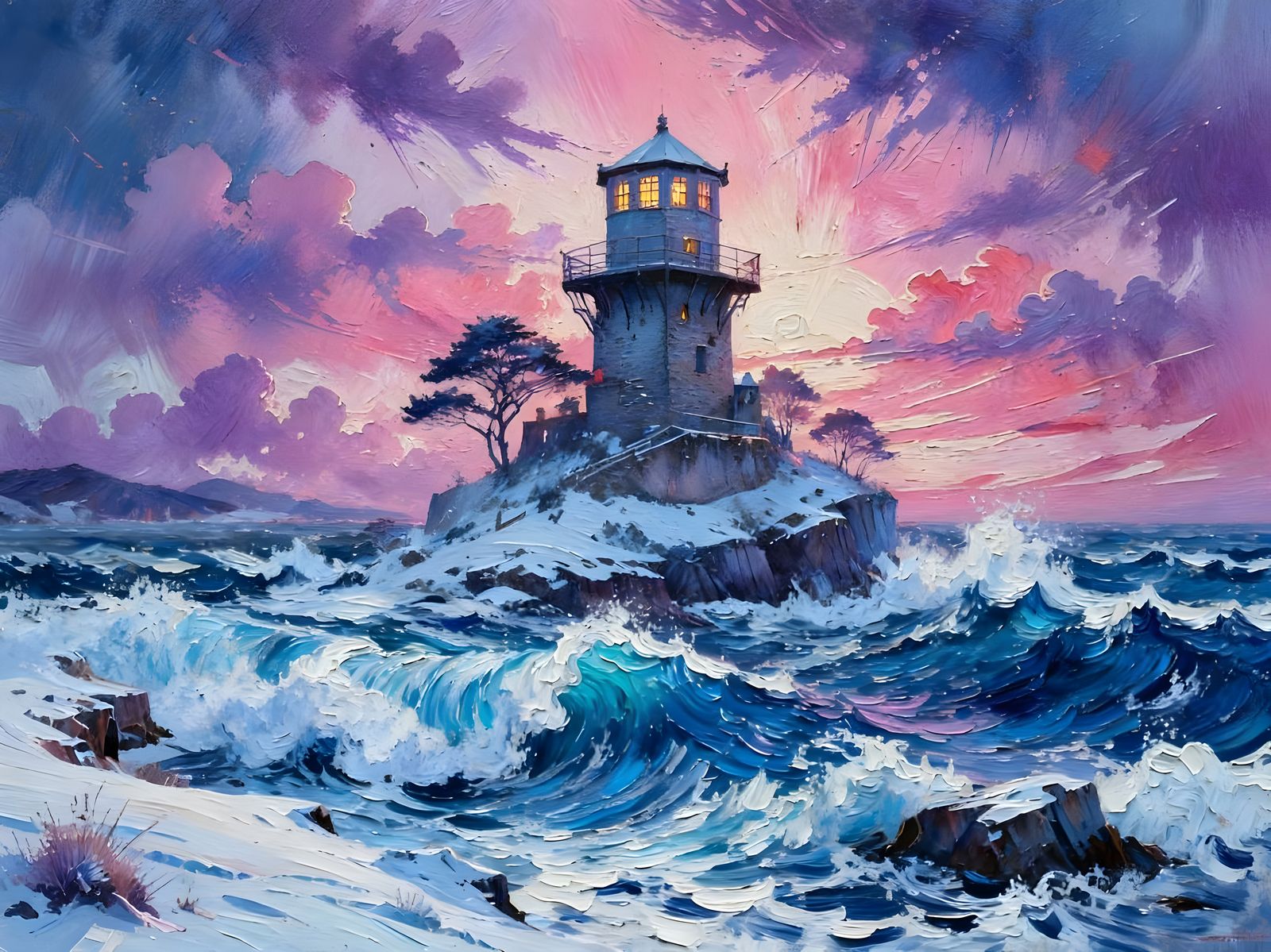 Lighthouse Against Stormy Sea in Oil Impasto Style